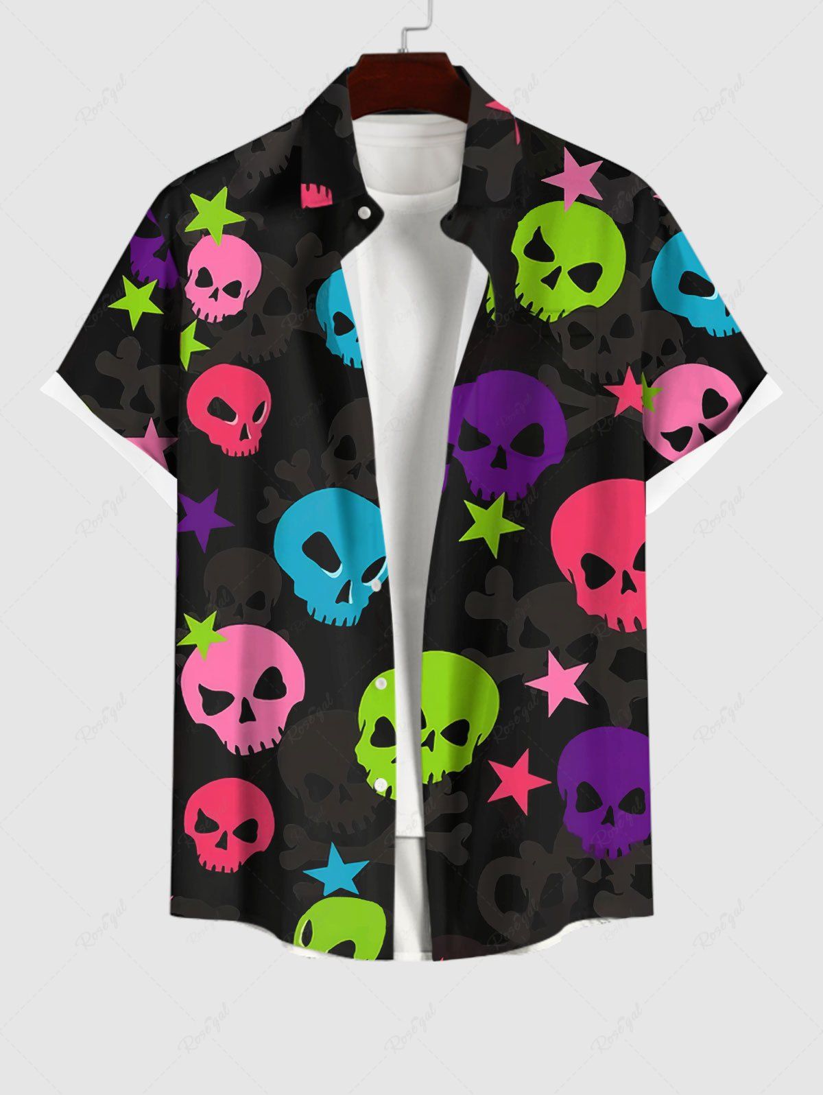 Chemise Etoile Crâne Colorée Imprimée avec Poche de Grande Taille pour Homme Noir L