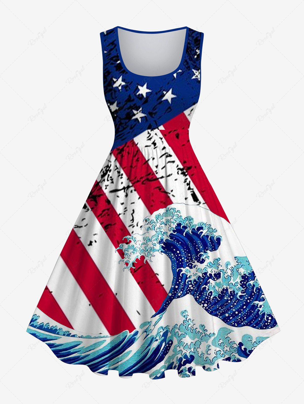 Shop Plus Size Patriotic American Flag Sea Waves Print 1950s Vintage Dress  
