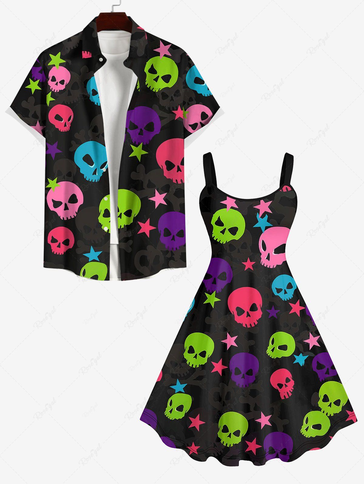 Sale Coloful Skull Star Print Plus Size Matching Outfit For Couples  