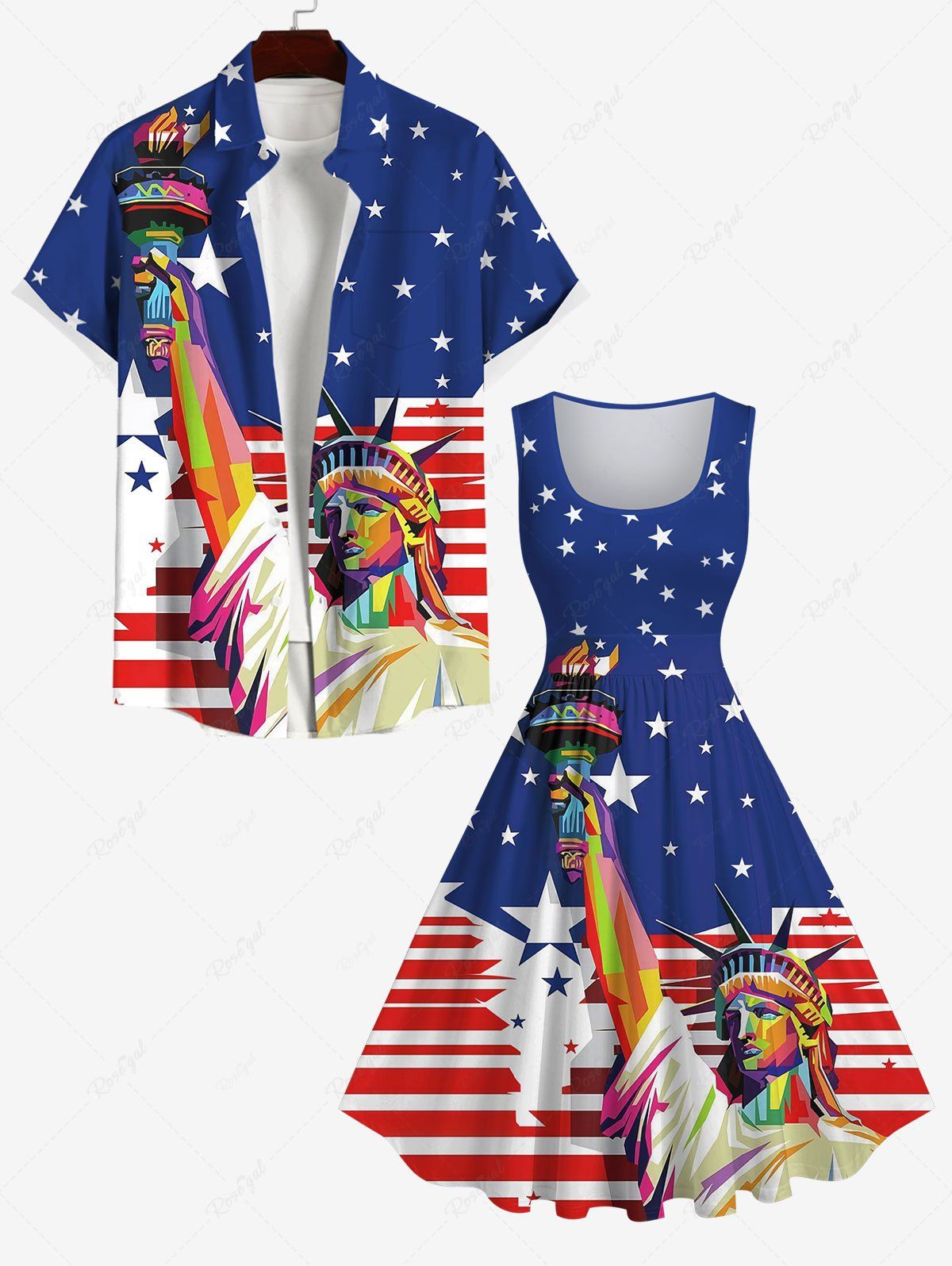 Hot Statue Of Liberty American Flag Print Plus Size Matching Set For Couples  