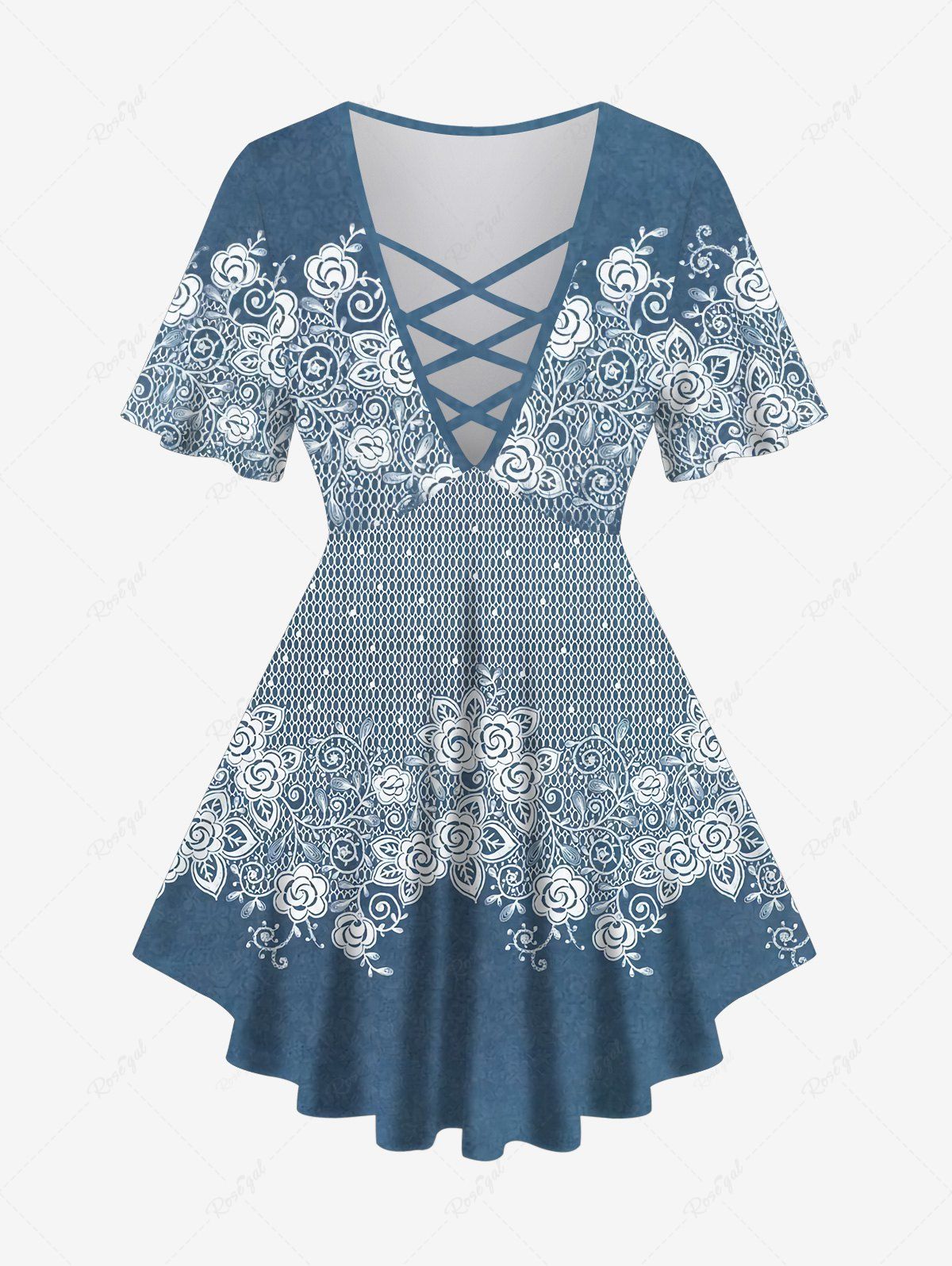 Outfits Plus Size Rose Flower Braided Plaid Print Lattice T-shirt  