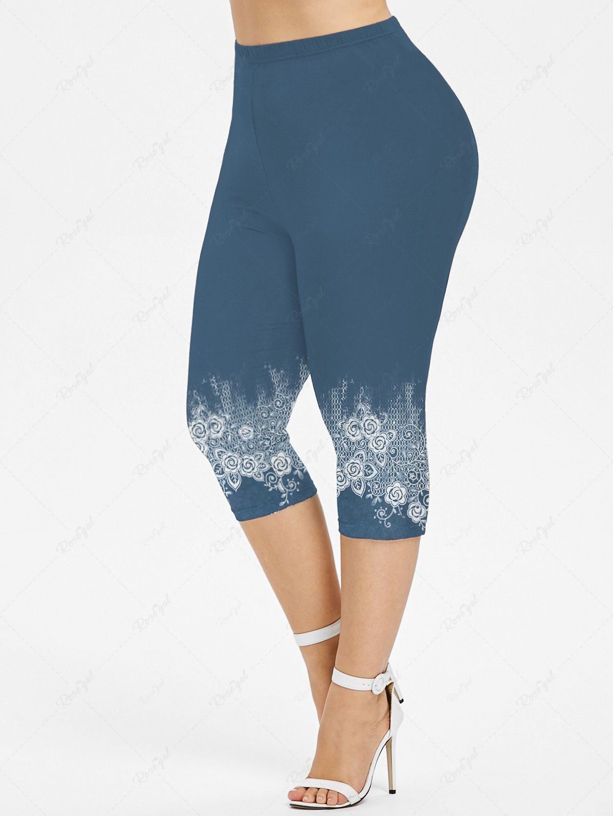 New Plus Size Rose Flower Braided Plaid Print Capri Leggings  