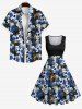 Plus Size Skulls Ink Flower Print 1950s Vintage Swing A Line Dress -  