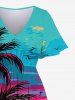 Plus Size Coconut Tree Sea Sunset Cloud Colorblock Print Split Hawaii Dress -  