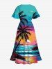 Plus Size Coconut Tree Sea Sunset Cloud Colorblock Print Split Hawaii Dress -  