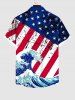 Plus Size Patriotic American Flag Sea Waves Print Buttons Pocket Shirt For Men -  
