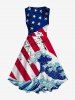 Plus Size Patriotic American Flag Sea Waves Print 1950s Vintage Dress -  