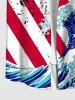 Plus Size Patriotic American Flag Sea Waves Print Buttons Pocket Shirt For Men -  