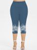Plus Size Rose Flower Braided Plaid Print Capri Leggings -  