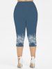 Plus Size Rose Flower Braided Plaid Print Capri Leggings -  