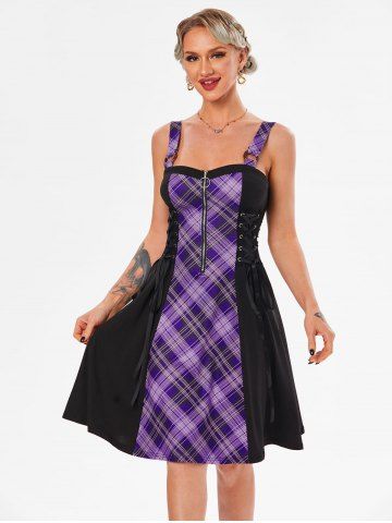 O Ring Plaid Half Zip Lace Up Dress