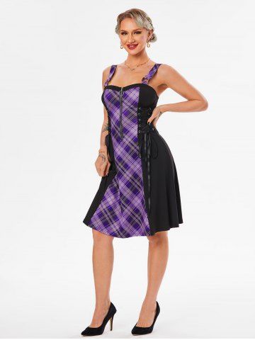 O Ring Plaid Half Zip Lace Up Dress