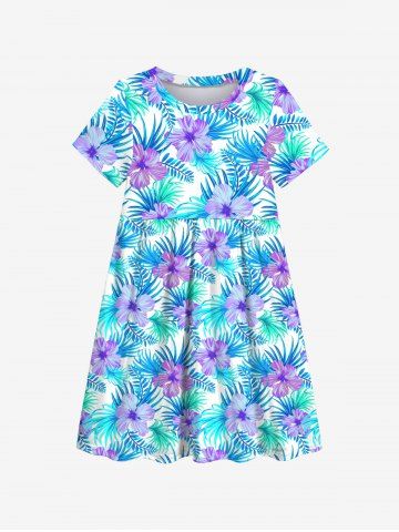Kid's Flowers Palm Leaf Print Hawaii Dress - LIGHT BLUE - 150