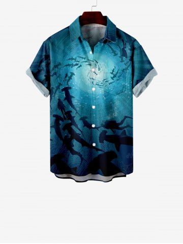 Kid's Fish Ombre Spiral Sea World Print Hawaii Sea Creatures Button Pocket Shirt - BLACK - 160
