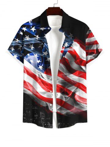 Plus Size Patriotic American Flag Smog Print Buttons Pocket Shirt For Men - BLACK - S