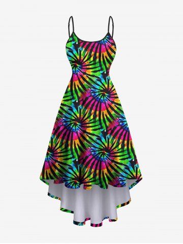 Plus Size Colorful Spiral Tie Dye Striped Print High Low Asymmetric Hawaii A Line Cami Dress - MULTI-A - XS