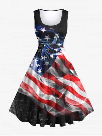 Plus Size Patriotic American Flag Smog Print 1950s Vintage Dress - BLACK - S