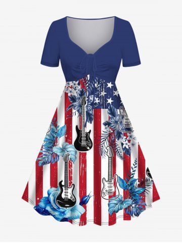 Plus Size American Flag Coconut Leaves Guitar Print Cinched A Line Dress - MULTI-A - 4X
