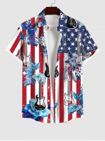 Plus Size American Flag Coconut Leaves Guitar Print Button Pocket Shirt For Men - MULTI-A - XL