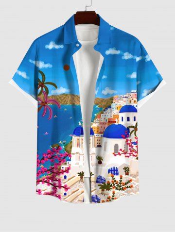 Plus Size Villa Sea Of Love Flower Coconut Tree Ombre Sky Cloud Print Hawaii Button Pocket Shirt For Men - MULTI-A - M
