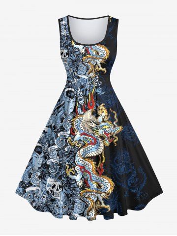 Plus Size Dragon Wizard Skulls Rose Flower Print 1950s Vintage Swing A Line Dress - BLACK - M