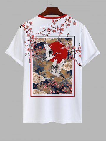 Men's Crane Peach Blossom Sun Geometric Graphic Print Short Sleeves T-shirt - WHITE - XS