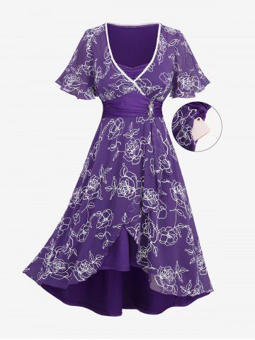 Plus Size Rose Flower Embroidered Floral Buckle Lace Trim Ruffles Tulip Hem Layered Dress - PURPLE - 4X | US 26-28