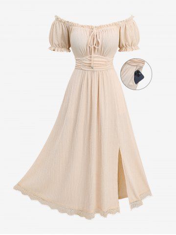 Plus Size Eyelash Lace Trim Ruched Ruffles Tie Pockets Split Ribbed Textured Milkmaid Dress - CHAMPAGNE - L | US 12