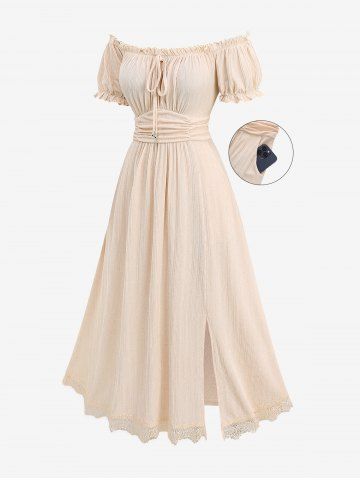 Plus Size Eyelash Lace Trim Ruched Ruffles Tie Pockets Split Ribbed Textured Milkmaid Dress