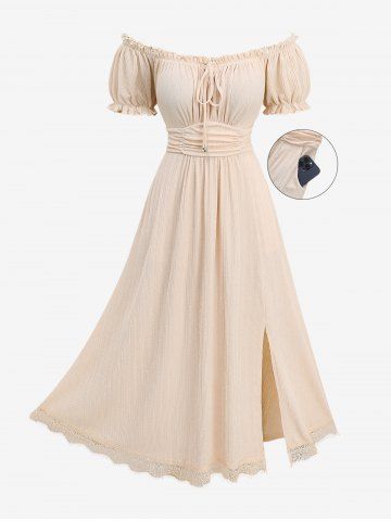 Plus Size Eyelash Lace Trim Ruched Ruffles Tie Pockets Split Ribbed Textured Milkmaid Dress