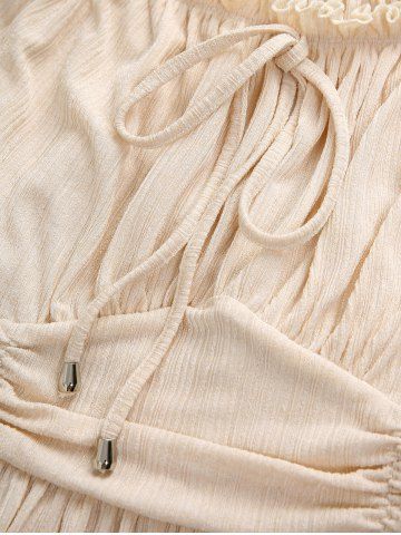 Plus Size Eyelash Lace Trim Ruched Ruffles Tie Pockets Split Ribbed Textured Milkmaid Dress