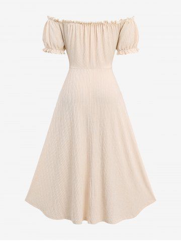 Plus Size Eyelash Lace Trim Ruched Ruffles Tie Pockets Split Ribbed Textured Milkmaid Dress