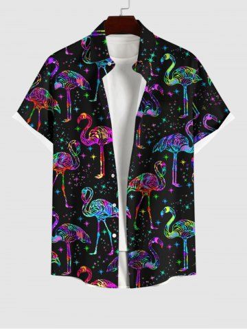Plus Size Colorful Flamingo Galaxy Glitter 3D Print Buttons Pocket Hawaii Shirt For Men - BLACK - M