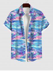Plus Size Coconut Tree Colorful Sea Waves Print Buttons Pocket Hawaii Shirt For Men -  