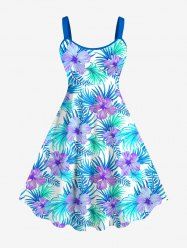 Plus Size Flowers Palm Leaf Print Hawaii Tank Dress -  