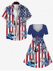 American Flag Coconut Leaves Guitar Print Plus Size Matching Set For Couples -  