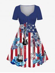 Plus Size American Flag Coconut Leaves Guitar Print Cinched A Line Dress -  