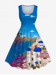 Plus Size Villa Sea Of Love Flower Coconut Tree Ombre Sky Cloud Printed 1950s Vintage Hawaii Swing A Line Dress -  