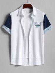 Men's PARIS Letter Embroidered Colorblock Button Up Terry Cloth Toweling Short Sleeves Shirt -  