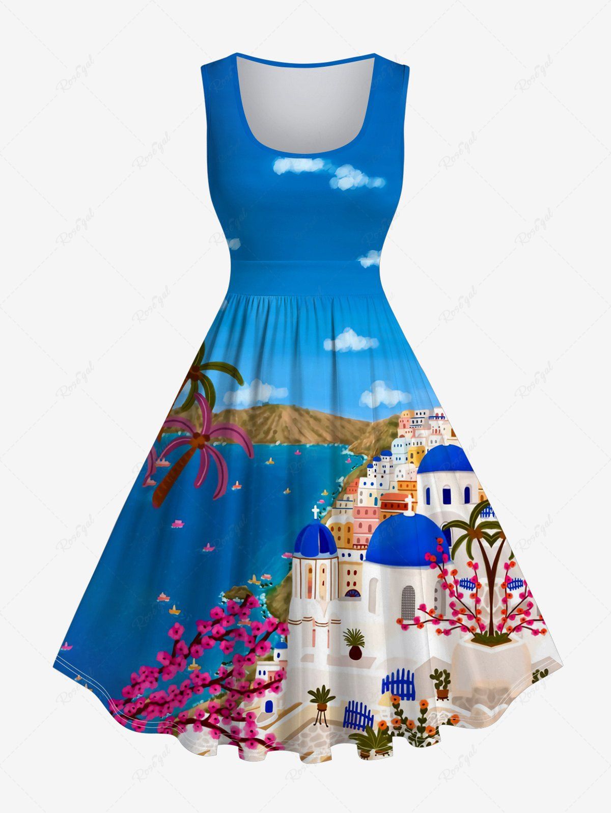 Fashion Plus Size Villa Sea Of Love Flower Coconut Tree Ombre Sky Cloud Printed 1950s Vintage Hawaii Swing A Line Dress  