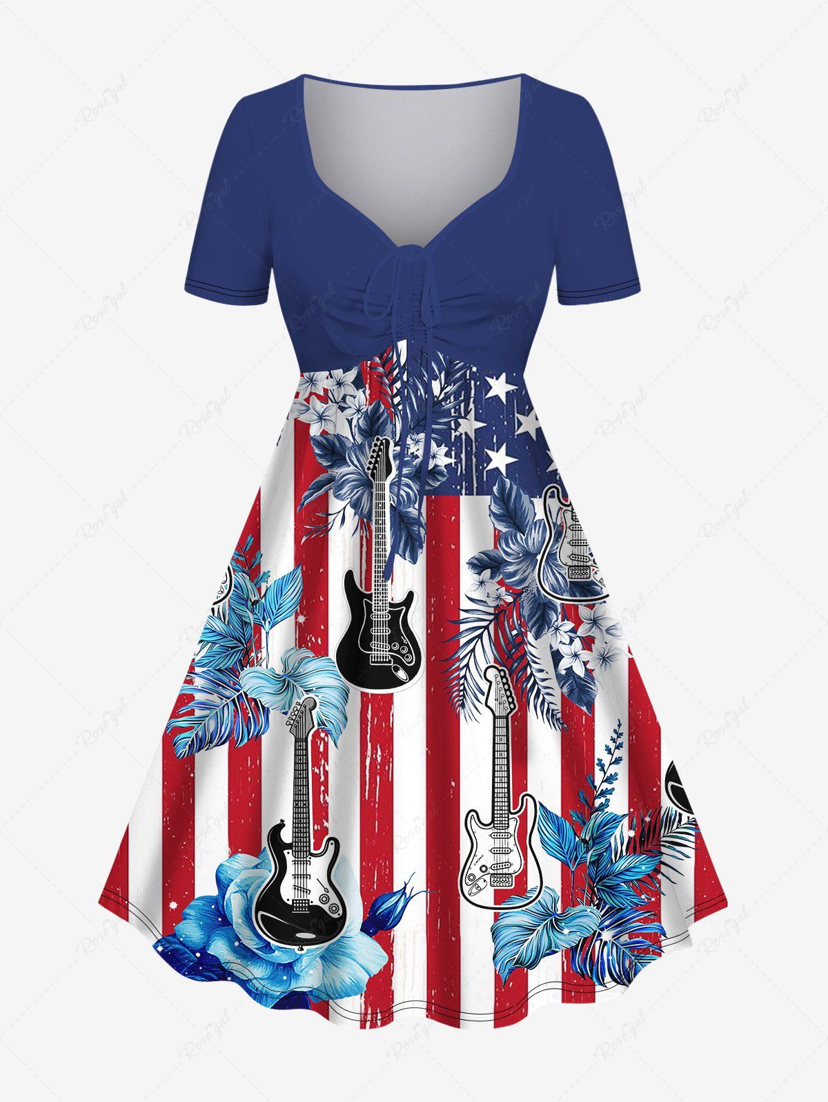 New Plus Size American Flag Coconut Leaves Guitar Print Cinched A Line Dress  
