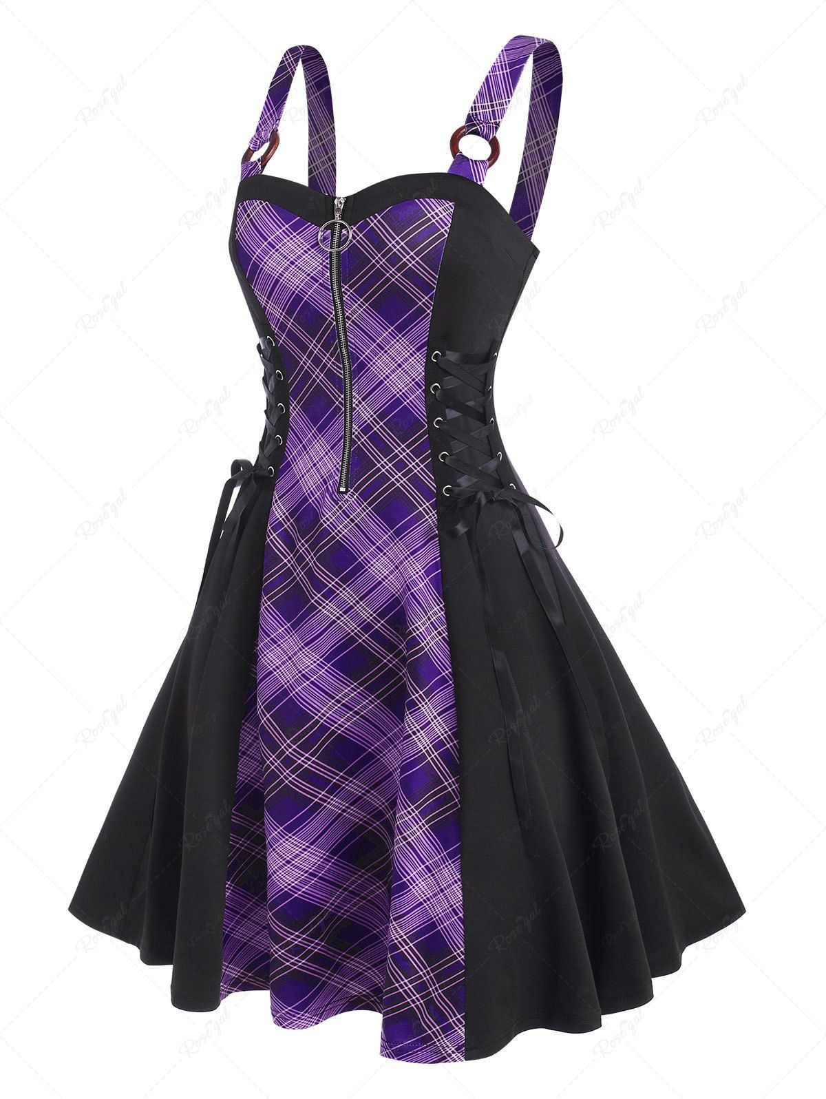 Hot O Ring Plaid Half Zip Lace Up Dress  