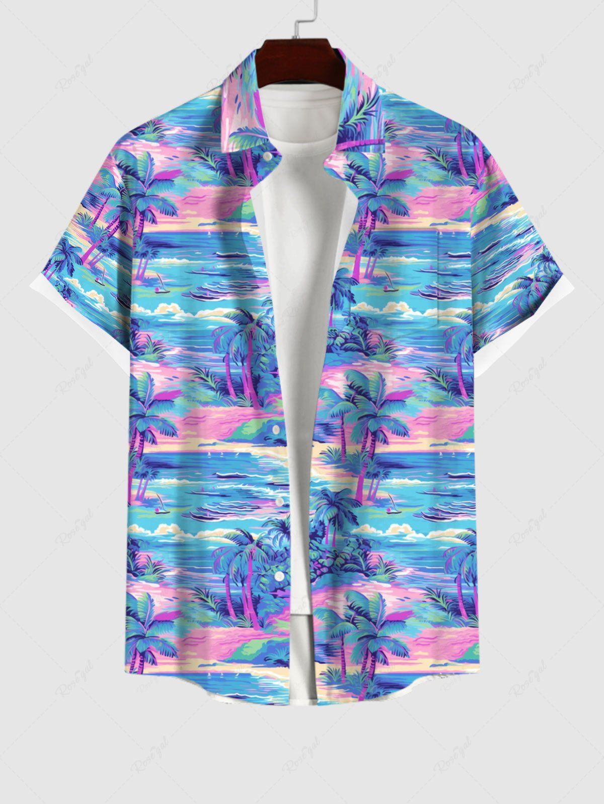 Discount Plus Size Coconut Tree Colorful Sea Waves Print Buttons Pocket Hawaii Shirt For Men  