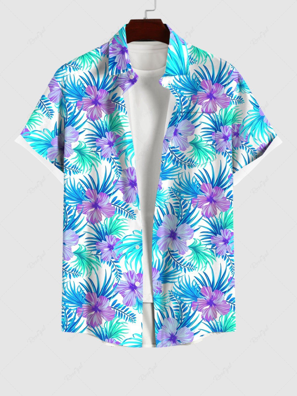 Chemise de Grande Taille Fleur et Feuille de Palmier Imprimés avec Poche en Avant Bleu clair M