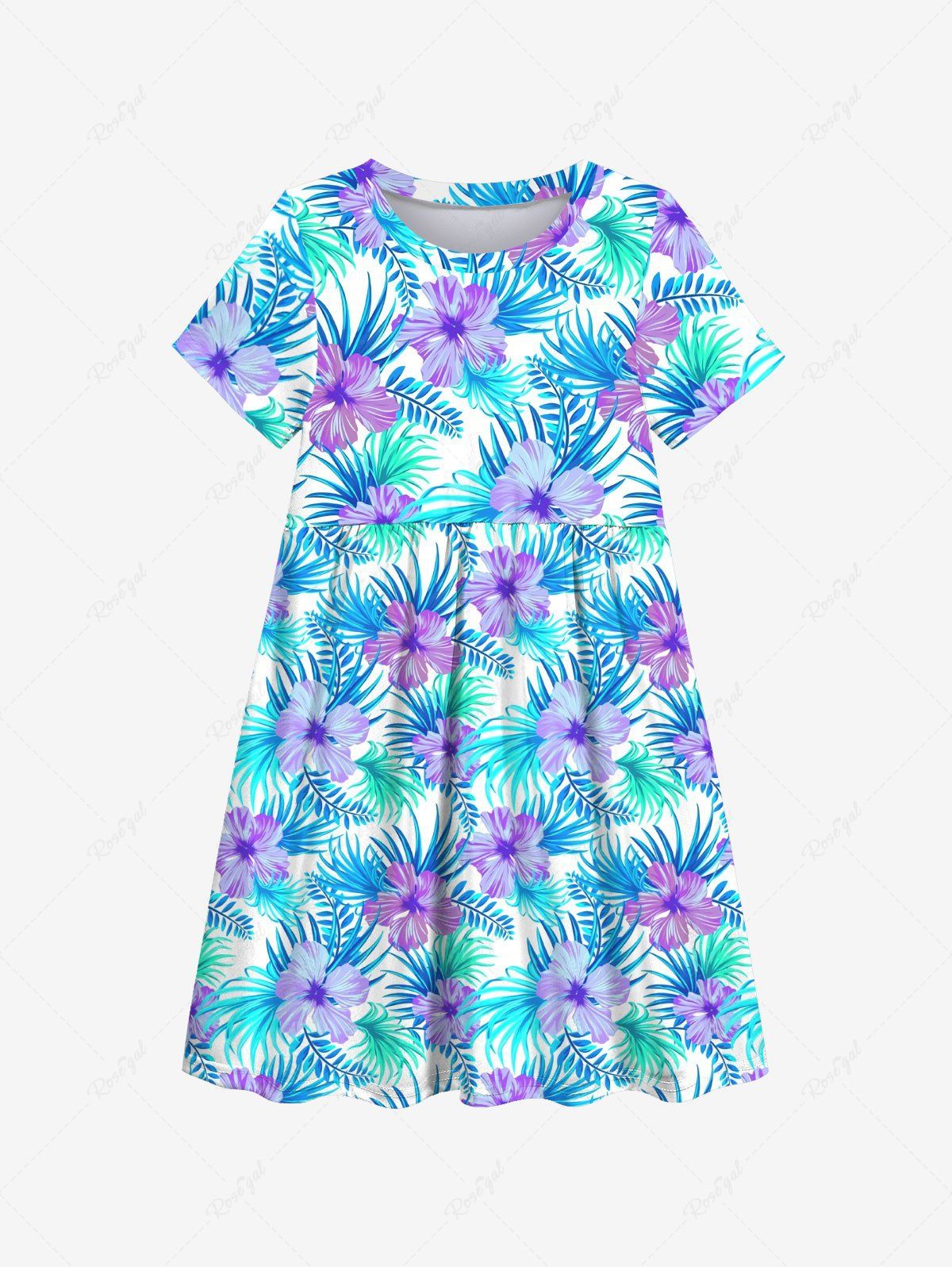 Latest Kid's Flowers Palm Leaf Print Hawaii Dress  