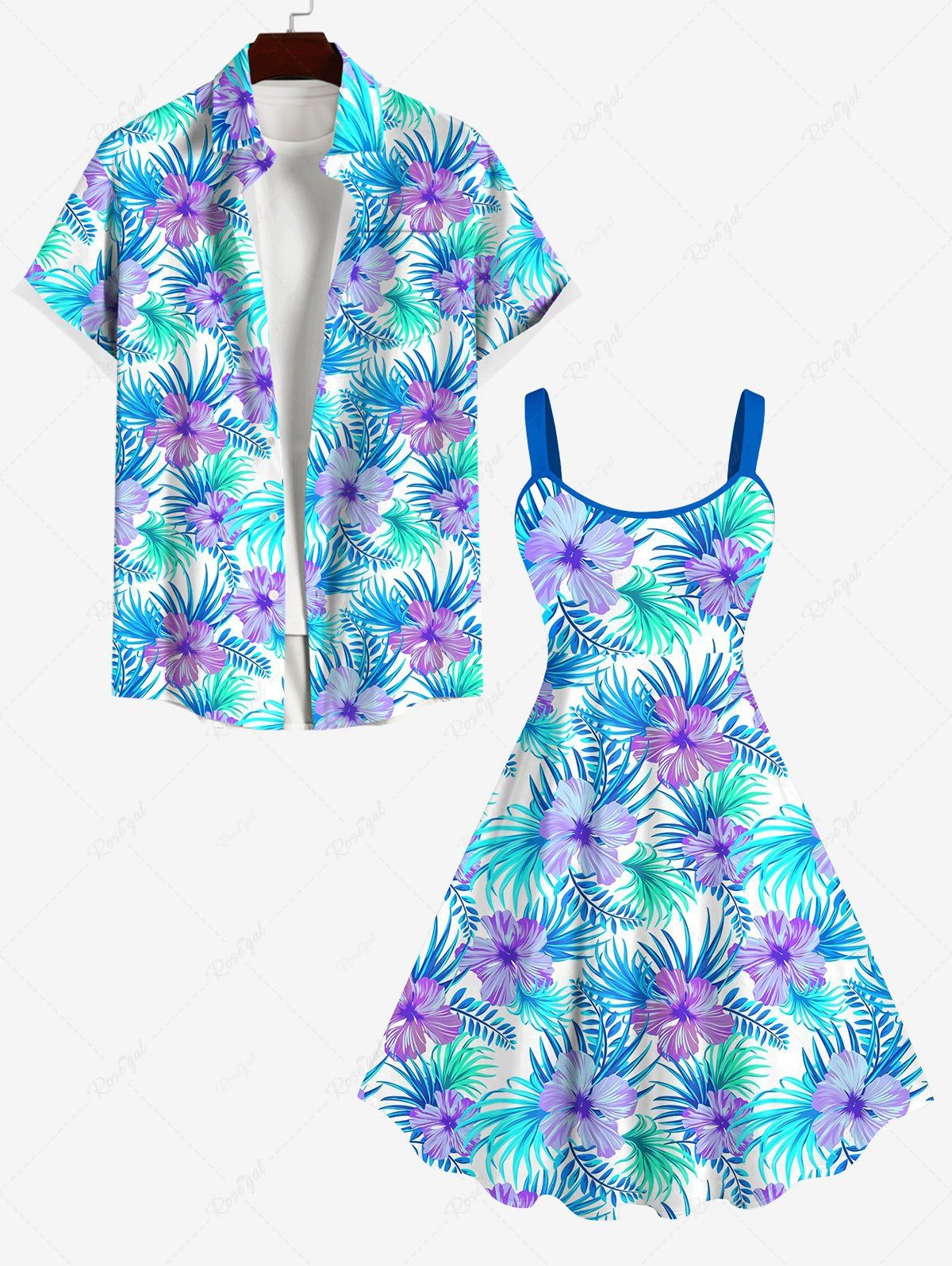 Sale Flowers Palm Leaf Print Plus Size Matching Hawaii Beach Outfit For Couples  