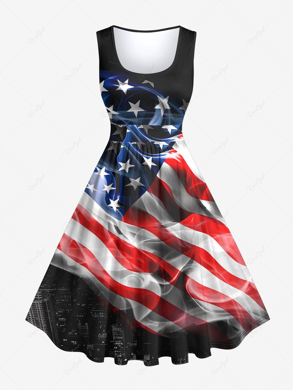 Store Plus Size Patriotic American Flag Smog Print 1950s Vintage Dress  