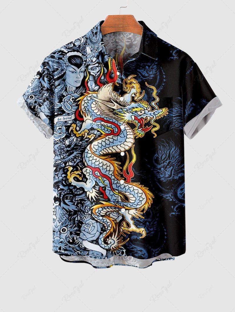 Chemise avec Poches à Imprimé Crânes Fleurs et Dragon Grande-Taille pour Hommes Noir XL
