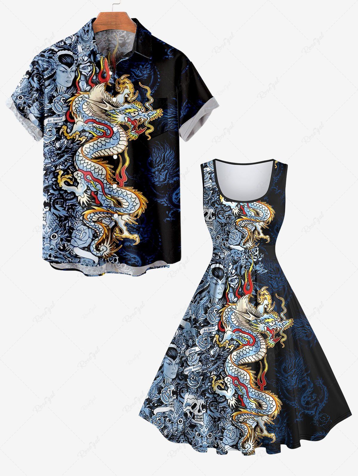 Fancy Dragon Wizard Skulls Rose Flower Print Plus Size Matching Set For Couples  