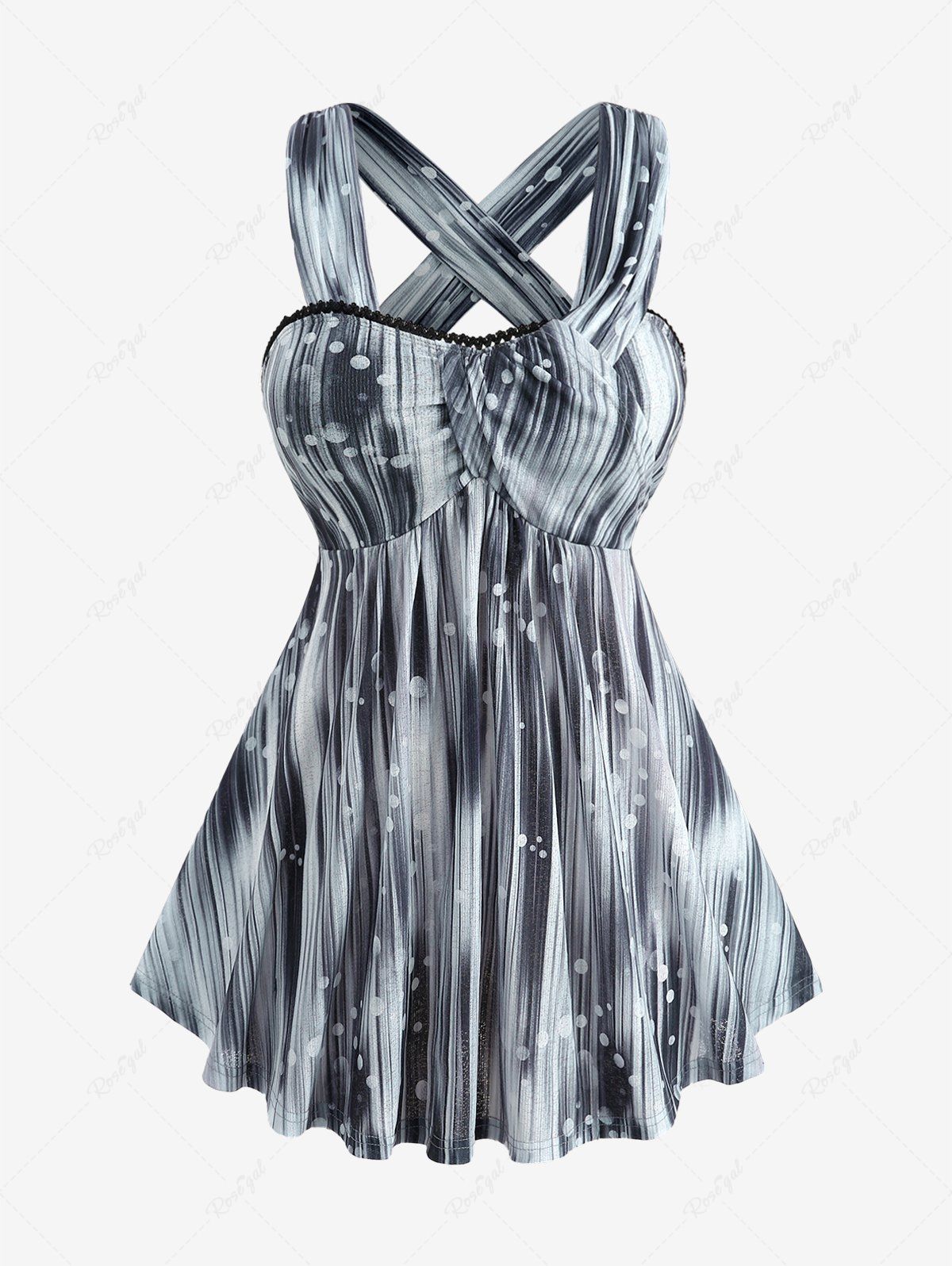 Affordable Plus Size Bubble Ombre Glitter 3D Print Overlap Panel Lace Trim Crisscross Strapy Tank Top  